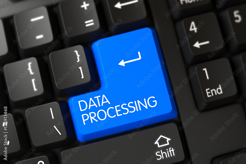 Keyboard with Blue Button - Data Processing. 3D. Keyboard with Blue Button - Data Processing. 3D.