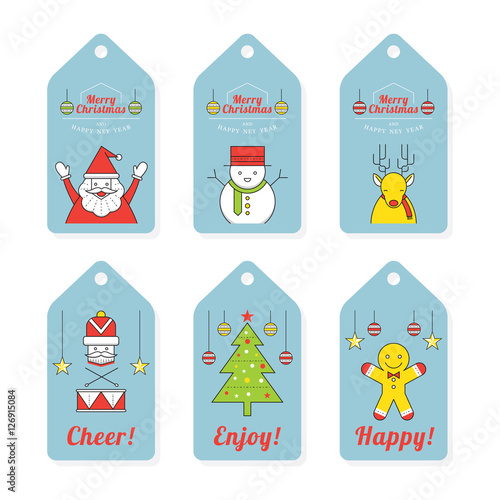 Christmas Characters, Line Design, Tag and Label, Santa Clause, Snowman, Reindeer, Pine Tree, Nutcracker and Gingerbread