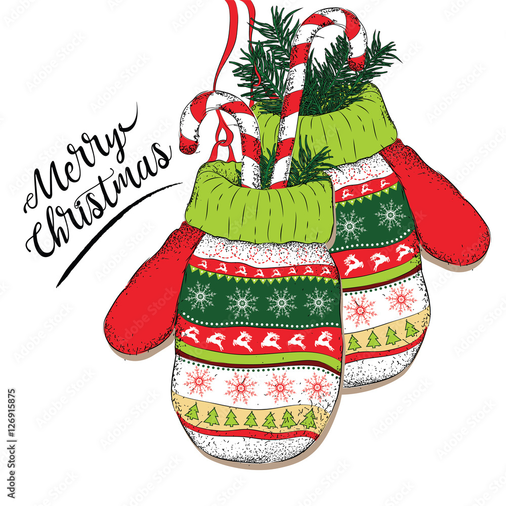 Painted gloves.Merry Christmas card design. Vector illustrationation