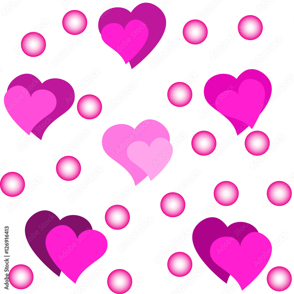 seamless pattern with pink hearts and circles on white backgroun