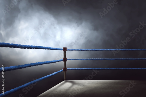 View of a regular boxing ring surrounded by blue ropes