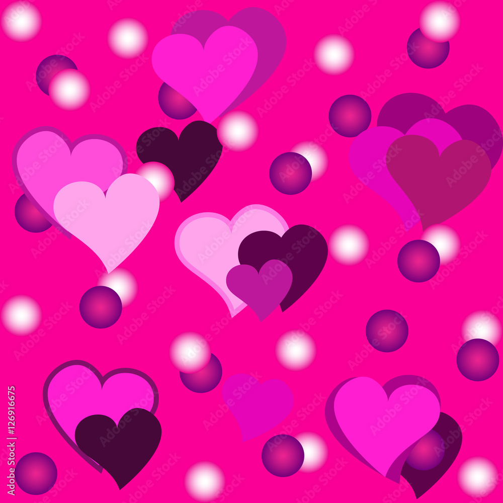 seamless pattern with pink hearts and circles on pink background