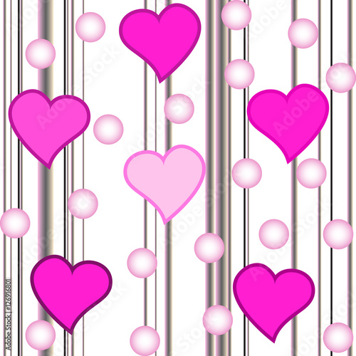 seamless pattern with pink hearts and circles on stripes backgro