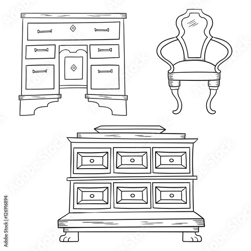 Antiqu furniture set: antique bureau, table, chair isolated on a