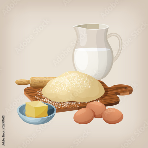 The dough on the board with a rolling pin. Eggs, butter, and milk jug. Vector illustration.