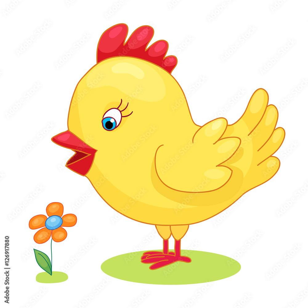 Fototapeta premium Cute hand drawn chick cock chicken yellow kids cartoon vector illustration on white background. Baby shower isolated