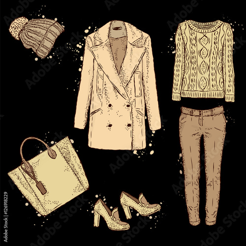 A set of fashionable women's clothing. Coats, shoes, bags, pants and hat. Wool sweater. Vector illustration. Fashion sketch. Selection of clothes for autumn-spring.