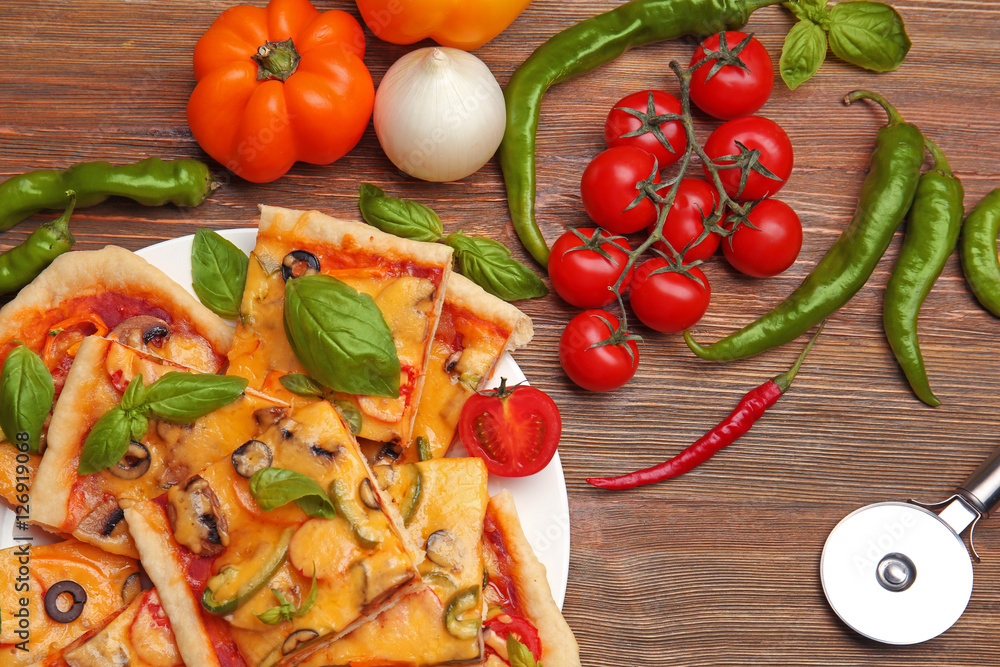 Delicious pizza slices on plate Delicious pizza slices on plate
