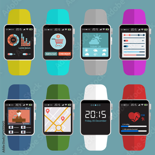 Smart watch new technology electronic device with apps icons flat design vector illustration