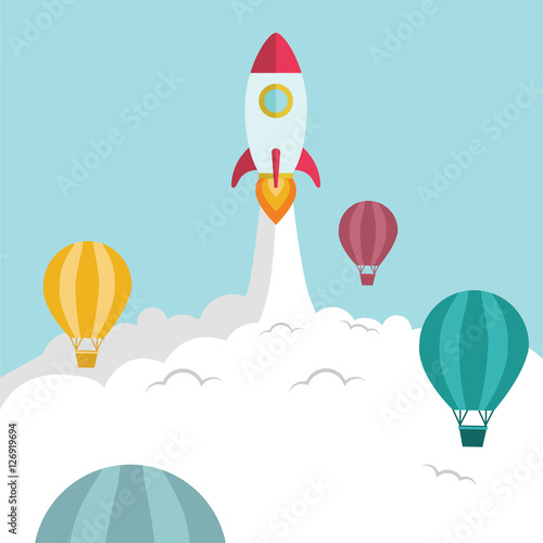 Rocket launching over the hot air balloons. Business competition concept.