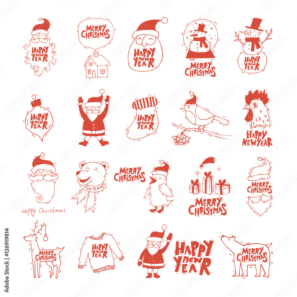 Merry Christmas and Happy New Year. Xmas Poster, banner, printed matter, greeting card. Lettering, calligraphy. Hand-drawn, lino-cut. Flat design vector illustration. Merry Christmas and Happy New Year. Xmas Poster, banner, printed matter, greeting card. Lettering, calligraphy. Hand-drawn, lino-cut. Flat design vector illustration.