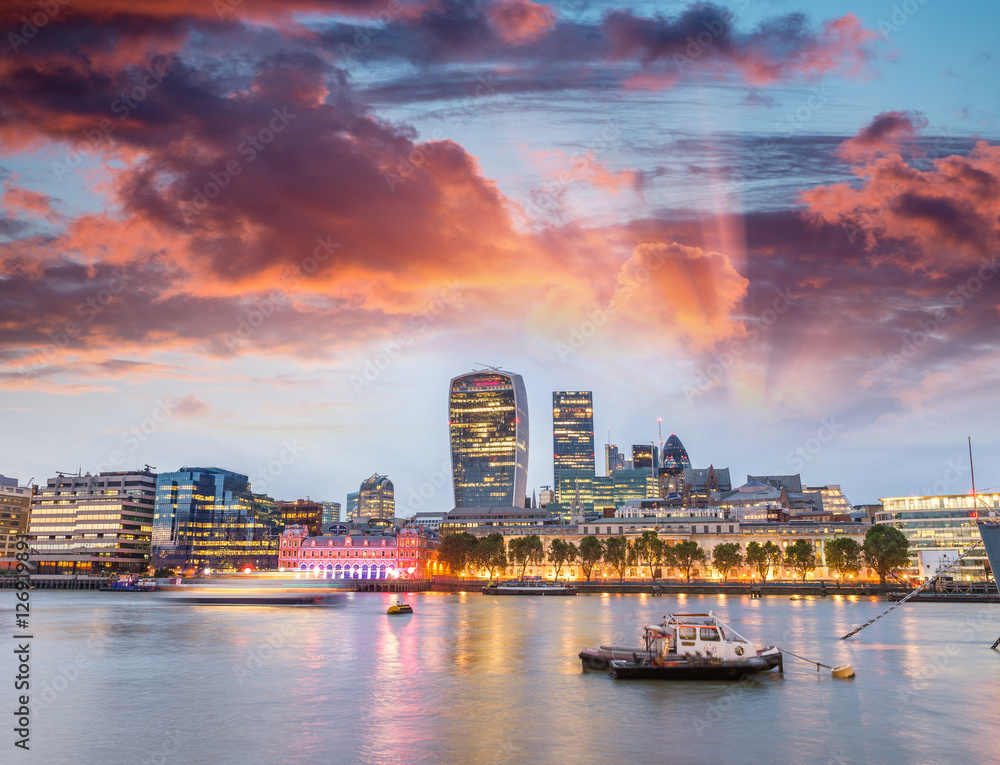 Canary Wharf buildings at sunset - London