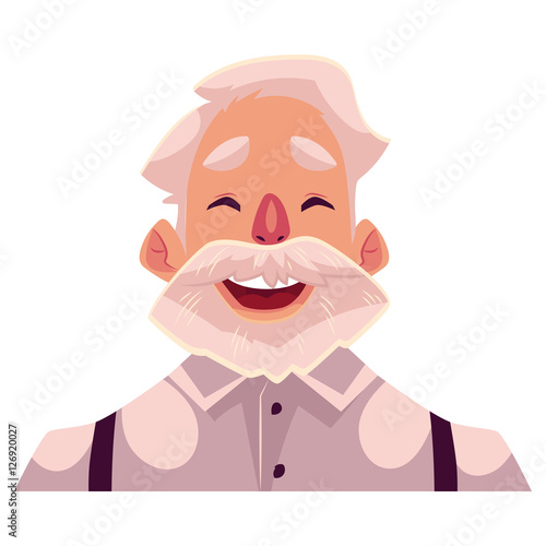 Grey haired old man face, laughing facial expression, cartoon vector illustrations isolated on white background. Old man emoji laughing out load with closed eyes open mouth. Laughing face expression