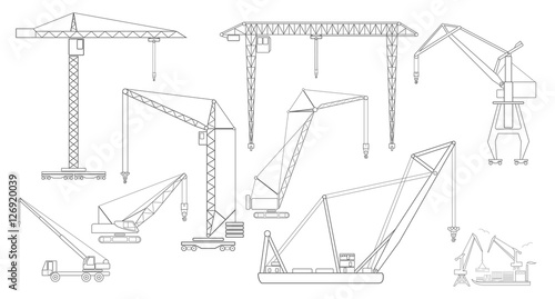 Crane and lifting machine. Outline icon set suitable for creatin