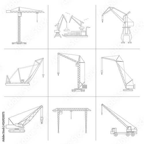 Crane and lifting machine. Outline icon set suitable for creatin