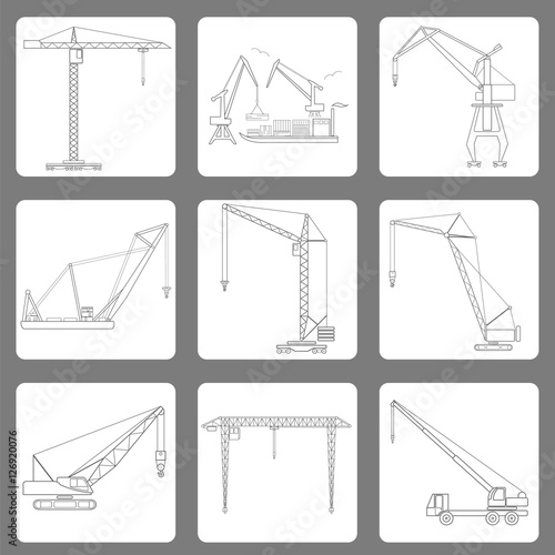Crane and lifting machine. Outline icon set suitable for creatin
