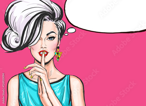 Pop Art illustration of girl with the speech bubble.Pop Art girl. sale, naive, blonde woman, blonde, blond, discount, cool, love, pop, retro, cute, advertising, poster, vintage, shopping, temptation photo
