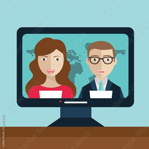 Male and female TV presenters sit at the table. News of the world. Live news