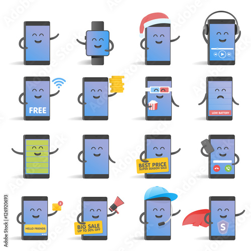 Happy cartoon smart phone character set, great for your design