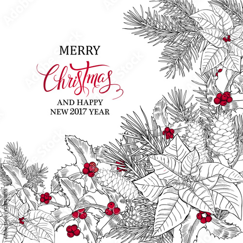 Merry Christmas.Seasonal Vector hand drawn Lettering. Cones and Christmas tree. Botanical hand drawn vector background. Isolated xmas pinecones. Great for greeting cards, backgrounds, holiday decor