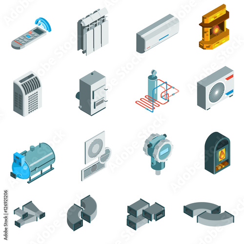 Heating Cooling System Isometric Icons Set