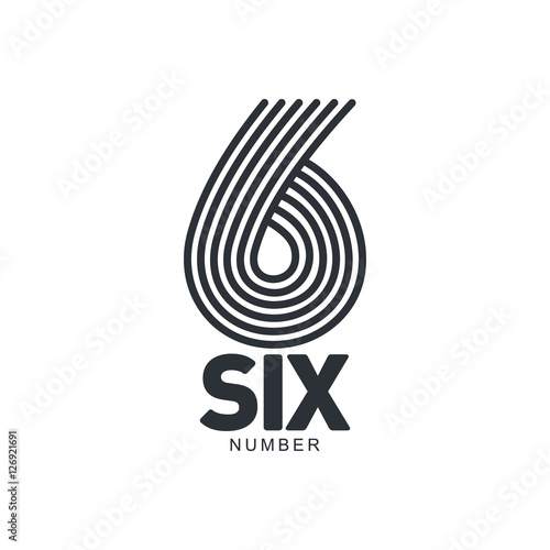 Black and white number six logo template formed by repeating lines, vector illustration isolated on white background. Black and white number six graphic logotype