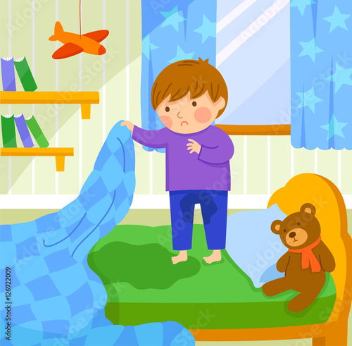 worried boy finds out he wet the bed   