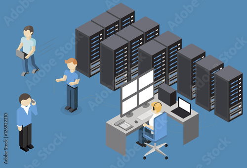 Isometric Vector Illustration diagnostic test in a server computer room. Server test in room. Servers being tested in room. Technology communication . Infographics