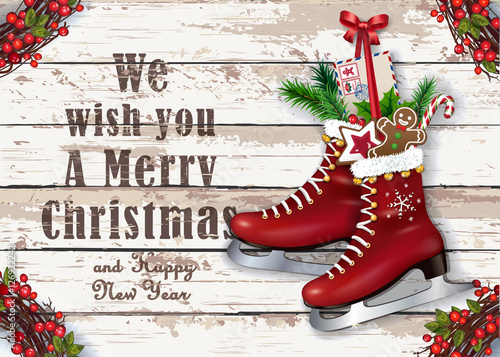 Christmas greeting card with winter vintage skates. Festive decoration on a rustic wooden background