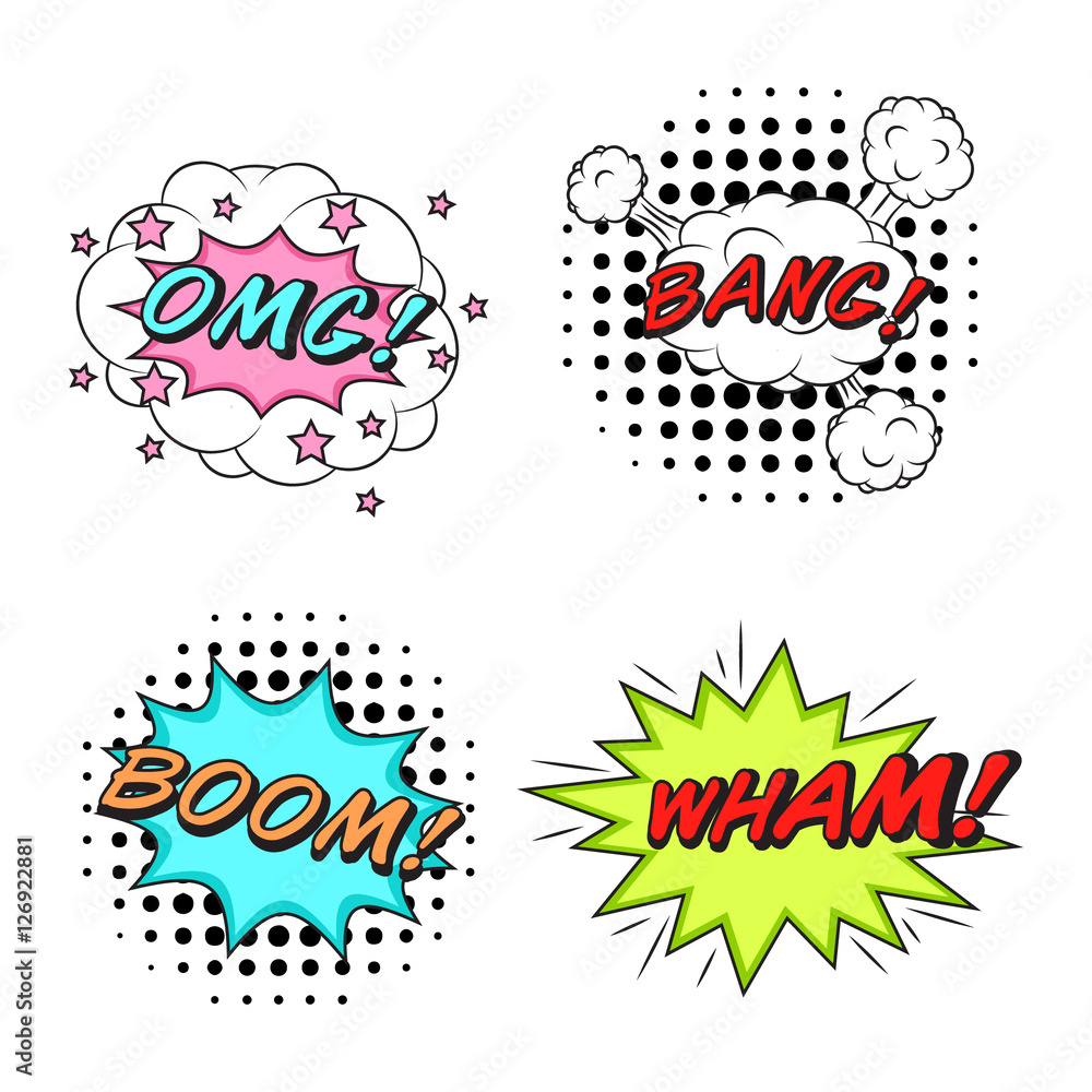 Comics style vector stickers set of 4: OMG! BANG! BOOM! WHAM! Comics style vector stickers set of 4: OMG! BANG! BOOM! WHAM!