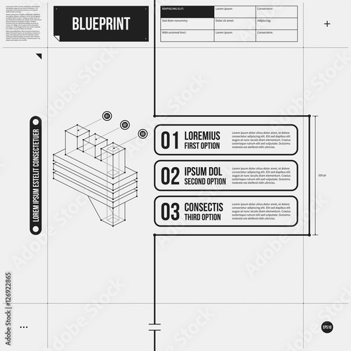 Vector layout with three numbered options and abstract isometric object in draft style. EPS10