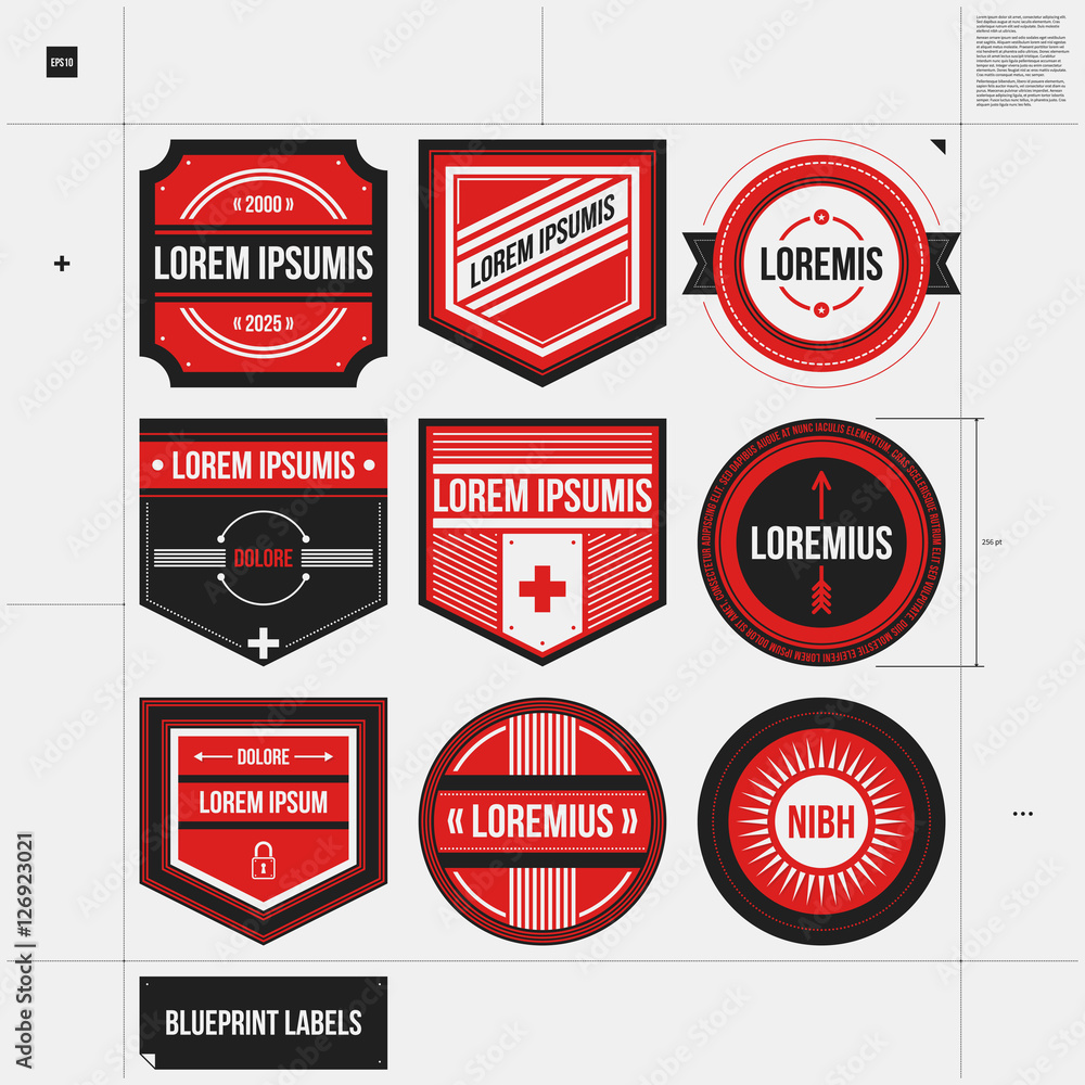 Set of nine labels and badges in draft style. EPS10