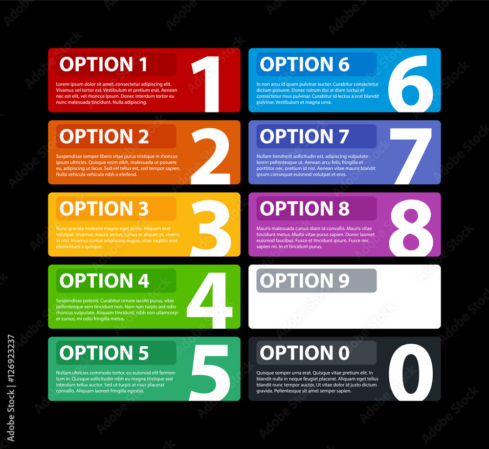 10 colorful banners with numbers from zero to nine. 10 colorful banners with numbers from zero to nine.