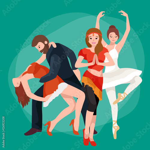 Group of dancing people, yong happy man and woman dance together and in a couple