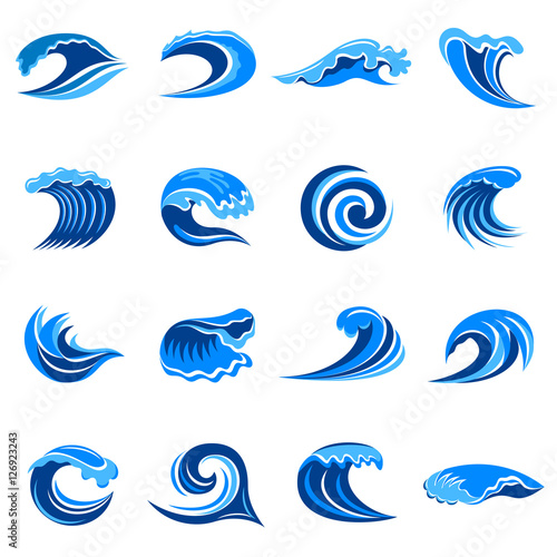 Blue waves icons set. Simple illustration of 16 blue waves vector icons for web