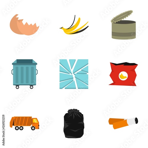 Waste icons set. Flat illustration of 9 waste vector icons for web