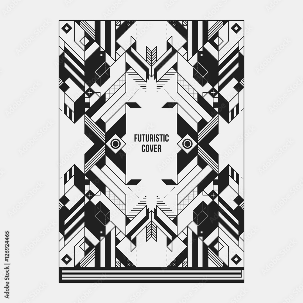Book/poster/magazine cover design template with abstract symmetric elements. Style of modern art and graffiti.