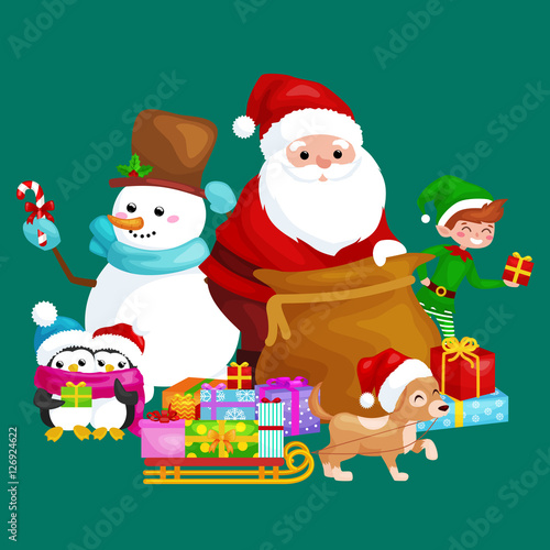 Santa Claus sack full of gifts, snowman candy, decoration ribbons pet dog in hat with presenta in sleigh, penguins elf Vector illustration Merry Christmas and Happy New Year
