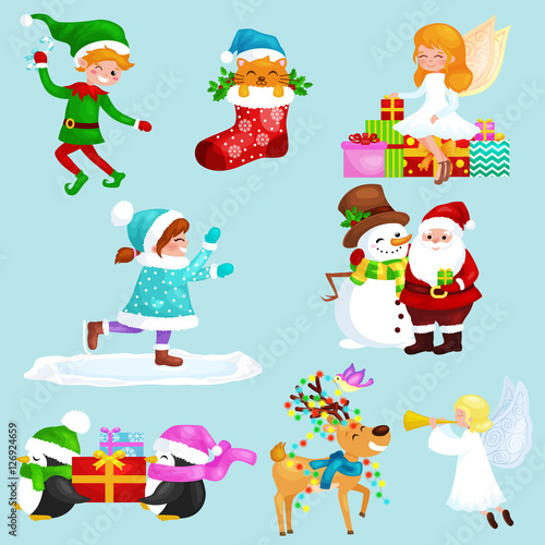 Santa Claus snowman hats, children enjoy winter holidays, elf with sweets and angel wings pipe gifts, Cat in sock, girl skating ice, penguins stack of presents, deer decorated his antlers with lights