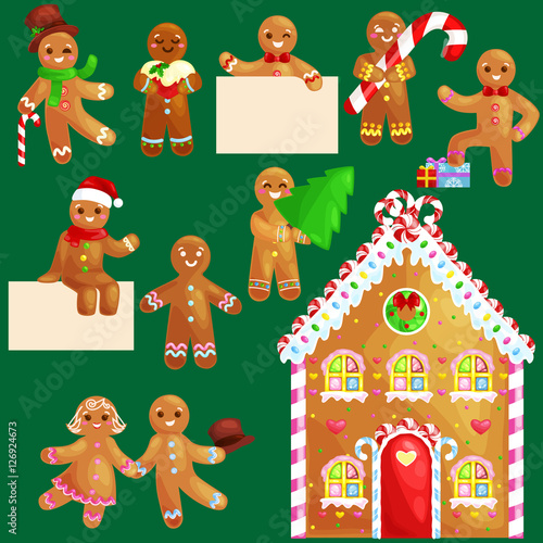 set christmas cookies gingerbread man and girl near sweet house decorated with icing dancing and having fun in a cap with the Christmas tree and gifts, xmas sweet food vector illustration
