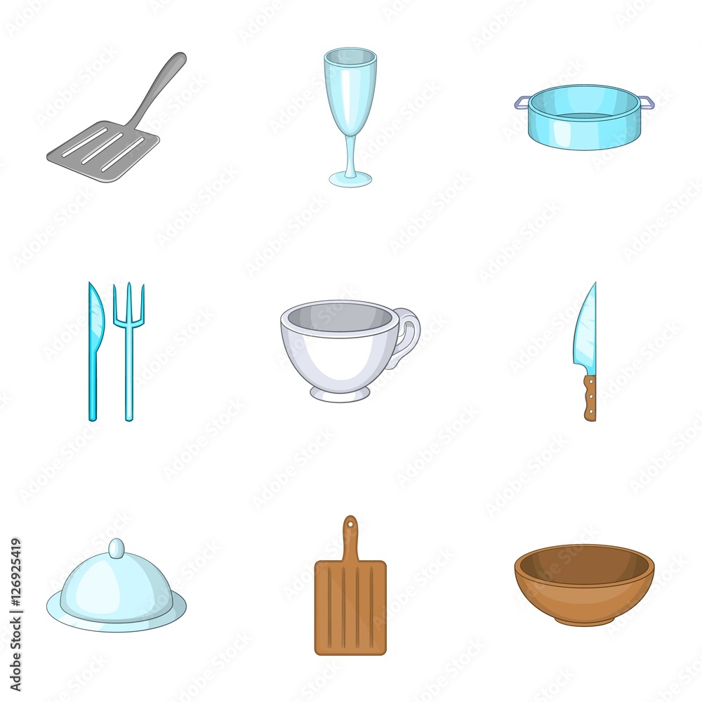 Dining items icons set. Cartoon illustration of 9 dining items vector icons for web Dining items icons set. Cartoon illustration of 9 dining items vector icons for web