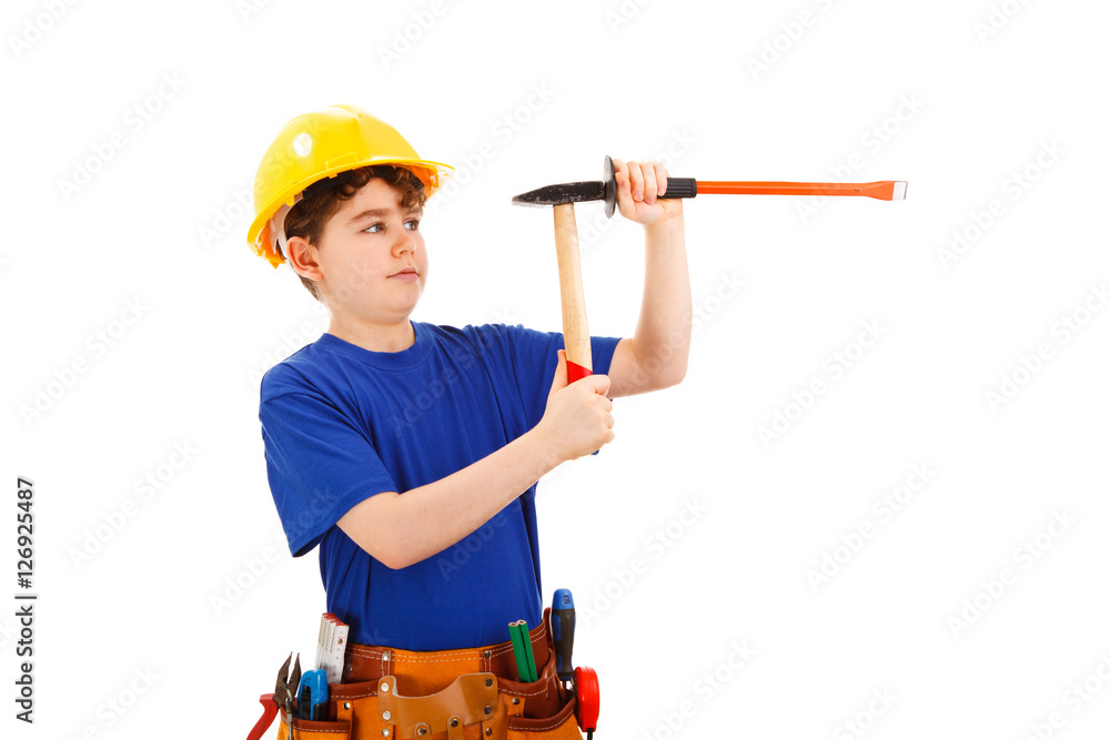 Boy as construction worker isolated on white background 