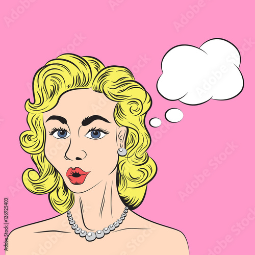 Pop art style sketch of beautiful blonde woman with bubble speech on pink