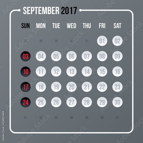 Corporate calendar template on neutral gray background. 2017 year, month september.