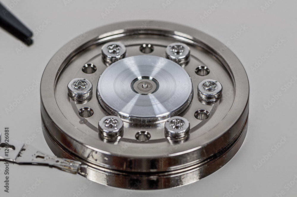 Closeup on hard disk drive spindle Closeup on hard disk drive spindle