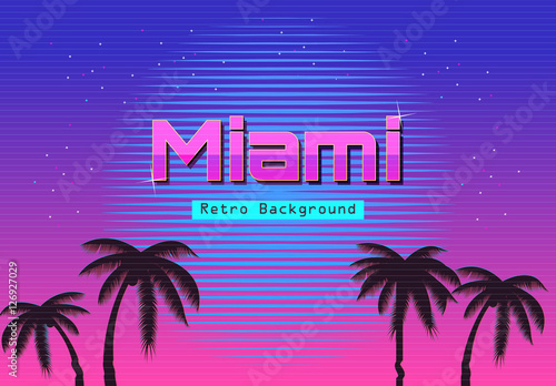 80s Retro Neon gradient background. Palms and sun. Tv glitch effect. Sci-fi M...