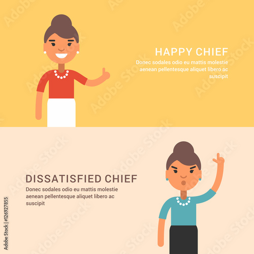 Expressions and emotions. Two horizontal web banners with female chief.  Happy and dissatisfied woman chief. Flat colored vector illustration