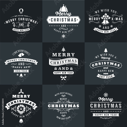 Set of Merry Christmas and Happy New Year Decorative Badges for Greetings Cards or Invitations. Vector Illustration in White and Black Colors