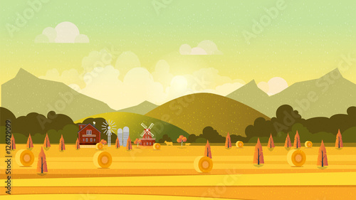 Countryside landscape with haystacks on fields. Rural area . Hay bales. Farm flat . Organic food concept for any design