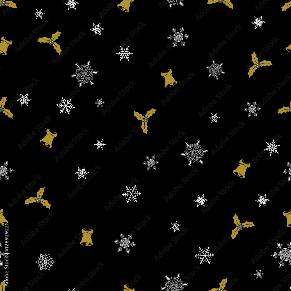 Vector Christmas seamless pattern from white snowflakes, golden bells and berry on black background. Vector Christmas seamless pattern from white snowflakes, golden bells and berry on black background.